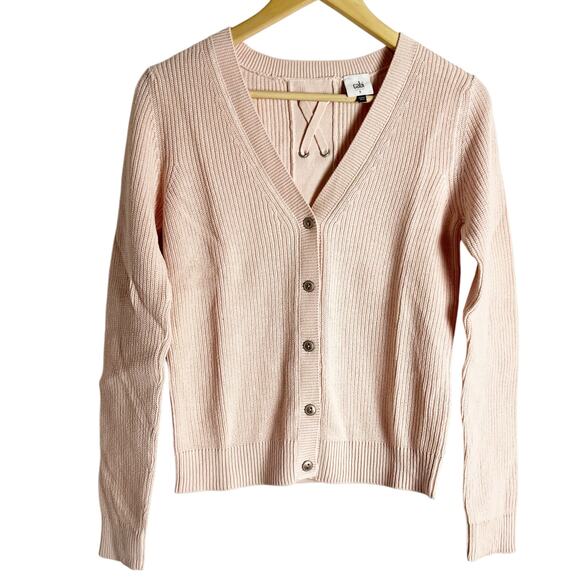 Cabi 3357 Blush Pink Ribbed Knit Lace Up Button Front Cardigan Sweater Size S - Picture 1 of 13